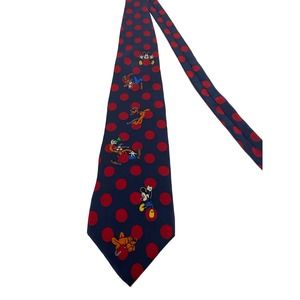 Vintage DISNEY TIE Mickey Mouse, Goofy, Pluto  Navy Blue Red Polka Dots Silk 55”